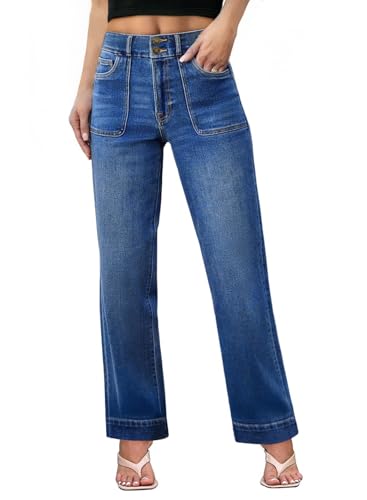 Sidefeel Women's High Waisted Jeans Straight Leg Stretchy Tummy Control Wide Leg Denim Pants Dark Blue Size 14