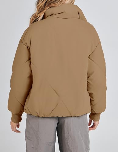 ZESICA Women\'s Winter Cropped Puffer Jacket Long Sleeve Zip Up Quilted Short Down Coat with Pockets,Khaki,Medium - Thumbnail 4