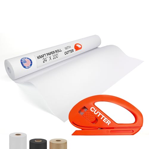 Image of White Kraft Paper Roll 24 inch x 1200 inch (100 feet) with Cutter- USA-Made