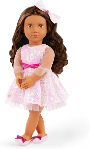 Our Generation - Katia - 46 cm-Modepuppe - Lebensechte haselnussbraune Augen und gewelltes braunes Haar - Schillerndes Kleid Outfit & Haarschleife Accessoire - Spielzeug für Kinder ab 3 Jahren