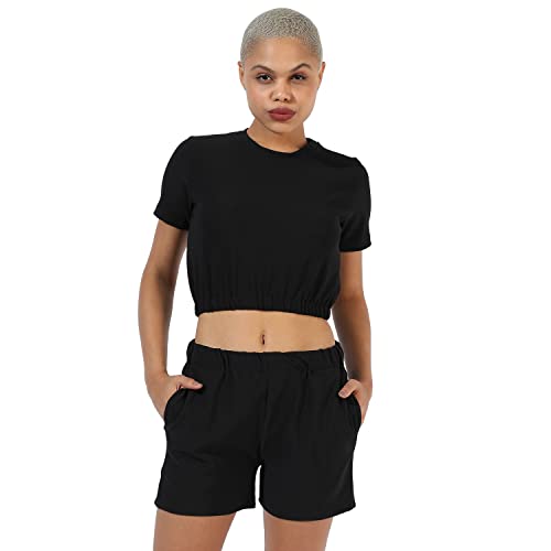 Image of Campus Sutra Women's Solid Black Crewneck Short Sleeve Regular Fit Co-Ords Set for Casual Wear | Clothing Set Crafted with Comfort Fit and High Performance for Everyday Wear