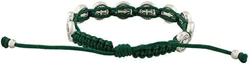 Woven Bracelet with 10 Saint Benedict Medals | Hunter Green Cord and Silver Tone Metal Beads | Patron Saint of Students and Europe | Great Catholic Gift for First Holy Communion and Confirmation image 4
