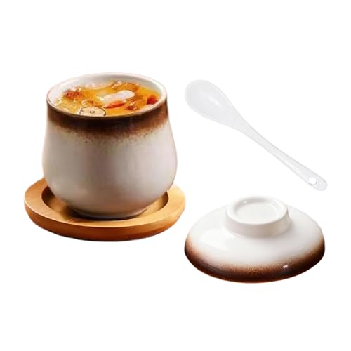 Olla de cerámica para cocinar al vapor, 250 ml, pequeño cuenco de cerámica a prueba de fugas con tapa y cuchara, cuenco de fideos de cocina, taza para cocinar al vapor, para huevos, sopas, verduras