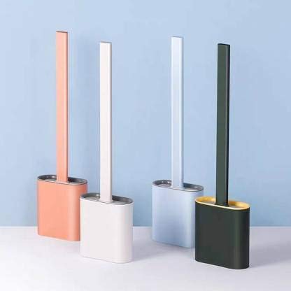 Fezda Silicone Toilet Brush and Holder Set, Flexer Silicone Toilet Brush with Removable Bottom, Flat Head Toilet Brush Bathroom Deep Cleaning, Compact Soft Rubber Wall Mounted & Floor Standing