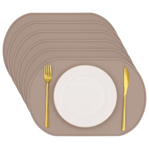 yuuzue Silicone Placemat Set of 6, Heat Resistant Placemats for Dinning Table, Reusable Portable Kids Baby Placemats, Waterproof Stain-Proof Toddler Food Mats, Easy to Clean Silicone Mat Oval Placemat