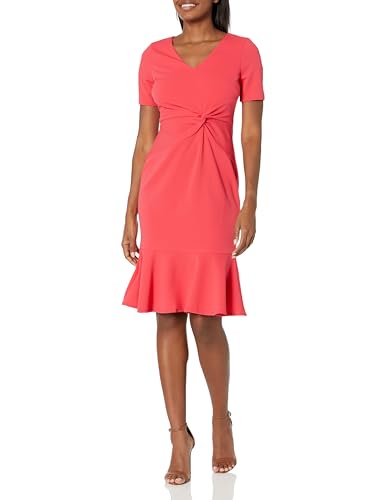Image of London Times Women's V-Neck Dress - Flounce Hem, Twist Waist, Elegant Office & Event Wear