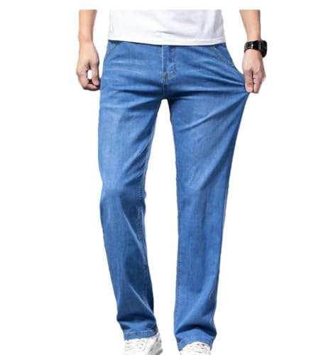 Men's Stretch Thin Straight Leg Jeans Summer Casual Business Loose Fit Breathable Elastic Waist Denim Pants