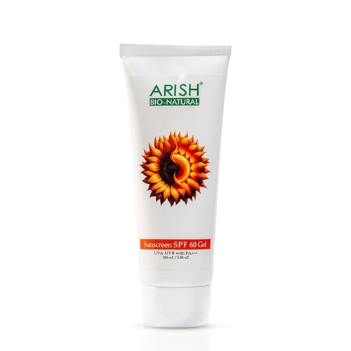 Image of ARISH BIO-NATURAL Sunscreen SPF 60 PA+++ Gel 100ml | Broad-Spectrum, Lightweight NonGreasy Formula with Aloe Vera & Zinc Oxide |High Protection for Face & Body |Sunscreen for Women & Men All Skin Type