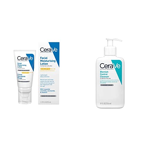 CeraVe AM Facial Moisturising Lotion SPF50 with Ceramides & Vitamin E for Normal to Dry Skin 52ml & Blemish Control Face Cleanser with 2% Salicylic Acid & Niacinamide for Blemish-Prone Skin 236ml