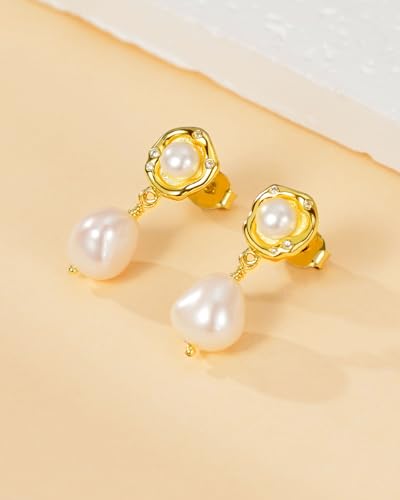 Pearl Earrings for Women 14K Gold Plated CZ Freshwater Pearls Dangling Drop Earrings with 925 Silver Posts Fashion Trendy for Bridal Wedding Prom Birthday Pearl Jewelry Gifts for Her Mom Girlfriend2