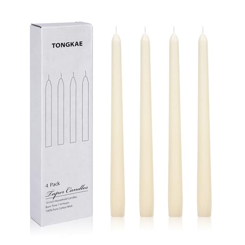 TONGKAE Ivory Taper Candles, Set of 4, 10 in, Unscented, Smokeless, Dripless, Cotton Wick, 7-8 Hour Burn Time, for Dinners, Weddings, Parties, Holidays, Home Decor