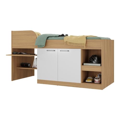 Cama Solteiro Multifuncional para Colchão 188 x 78cm com 2 Portas e Escrivaninha Multimóveis Mp4234 Rustic/branco
