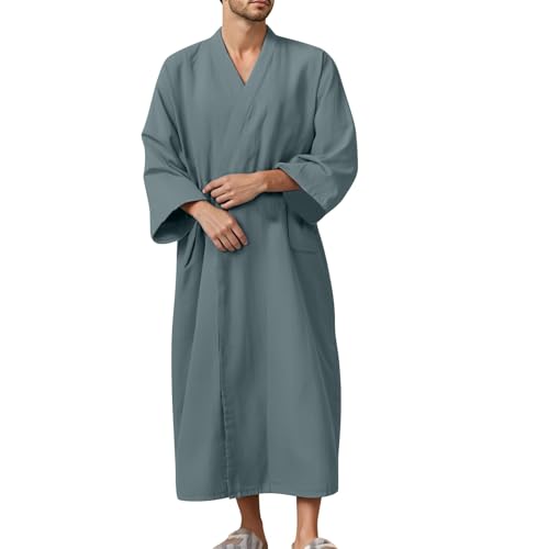 YCBMINGCAN Albornoz para hombre ligero de algodón, fino estilo kimono, bata larga con cuello en V y cinturón, bata japonesa para spa, sauna y verano, Verde claro., XL