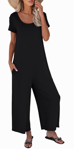 Nfsion Womens Summer Casual Jumpsuit Short Sleeve Crewneck Long Pants Rompers Overalls with Pockets XX-Large Black