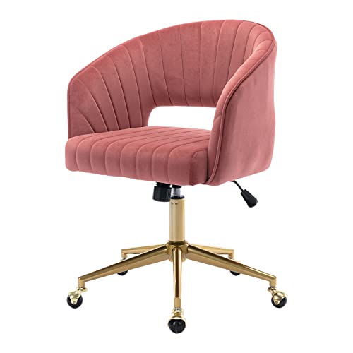 Image of Nrizc Velvet Home Office & Living Room Desk Chairs with Adjustable Swivel Wheels, Ergonomic Upholstered Office Chair for Bedroom, Vanity Study (Rose)