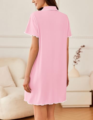 Image of Ekouaer Nightgowns for Women Button Down Sleep Shirt Short Sleeve NightShirts Boyfriend Sleepdress Soft Pajama Dress