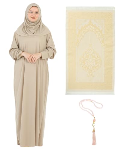 Prien Robe Longue De Priere Pour Femme Avec Tapis De Hijab, Vetement Pour Femmes, Abaya Islamique, Robe Musulman (Vison, Taille Unique)