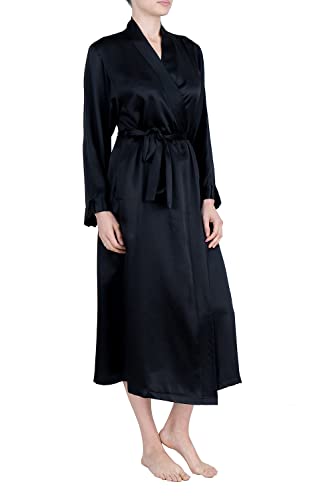 Oscar Rossa Women's Luxury Silk Sleepwear 100% Silk Long Robe Kimono, Solid Black #TOP6