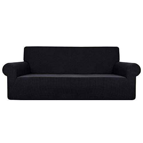 Stretch Water Repellent Sofa Cover – One Piece Sofa Slipcover Furniture Protector Super Soft Fabric Couch Cover for Pets and Dogs, Removable and Washable (Black, Sofa: 71’’-91’’)
