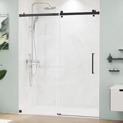 MORDEER 56-60" W x 72" H Frameless Glass Shower Door, Sliding Shower Door with Stainless Steel Hardware and Seal Strips, Matte Black Shower Glass Door can be Installed Left and Right, Square Rail