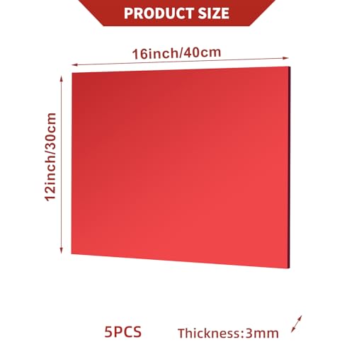 Image of 5 Pcs 12 x16 Inch Red Acrylic Mirror Sheet, 1 /8 Inch Thick Opaque Glossy Mirror, Plexiglass Mirror Sheets with Protective Film, Rigid Mirror Acrylic Sheets for Sawing, DIY, Laser Cutting and Engraving