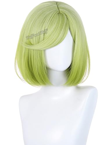 Image of Half and Half Short Light Green Bob Cosplay Wig Green Anime Wizard Costume Wigs with Side Part Bangs for Women Halloween Party Daily