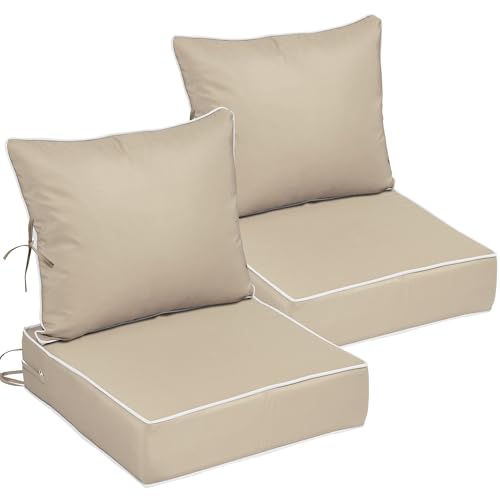 Image of 24x24 Outdoor Chair Cushions Set of 4, Waterproof Deep Seat Cushions for Patio Furniture with Removable Cover, Fade Resistant 4'' Outdoor Seat Cushion w /Ties&Handle for Sofa Loveseat,Khaki+Pipes