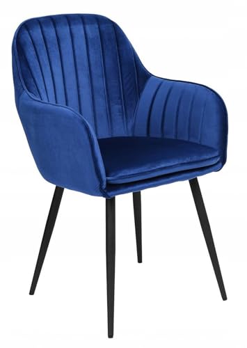 Image of Pair of 2 Stylish, Modern, Elegant & Comfortable Velvet Arms Chairs for Dinning Living Hotel Cafe (2 Chairs) (Blue Black Legs)