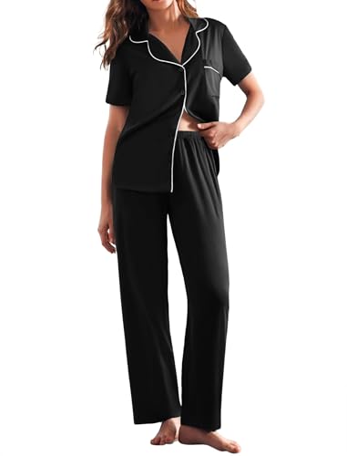 Image of Ekouaer Womens Pajamas Set Print PJs Soft Button Down Sleepwear Short Sleeve Nightwear with Long Pants Deep Black XXL