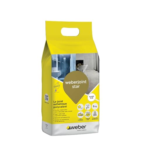 Weber Mortier joint carrelage décoratif hydrofugé, spécial intérieur et extérieur, largeur 2 à 10mm, 5kg, blanc pur, WEBERJOINT STAR