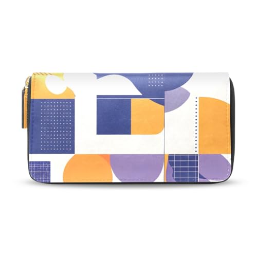 Long Wallets Leather Bifold Wallet for Women Orange Purple Geometric with Zipper Credit Card Holder Large Capacity