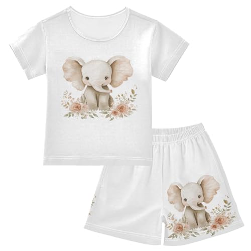 Floral Elephant Beige Pajama Set Short Sleeve Summer Pajamas Shorts Sets PJ Clothes Set Soft 5Y