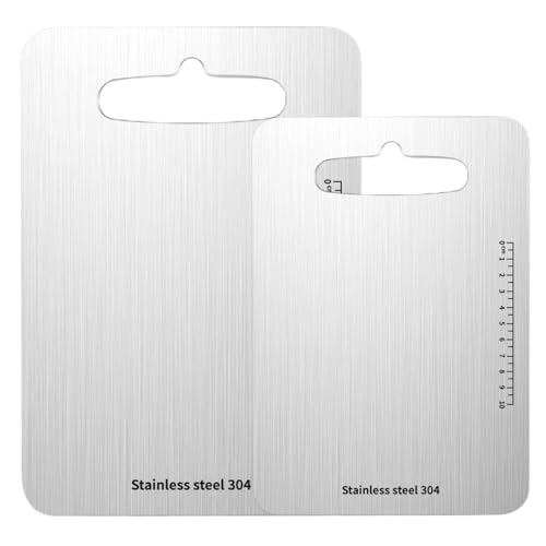 2 tablas de cortar de acero inoxidable 18/8, 36 x 25 cm y 29 x 20 cm | Tablas de corte para cocina de acero 304, resistentes y gruesas con escala clara miniatura 1