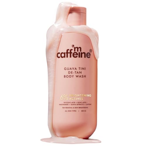 Image of mCaffeine 1% Glycolic Acid Detan Body Wash 300ml | 2% Niacinamide, 3% Kojic Acid-Glutathione | Bodywash for Women & Men| Brightens, Hydrates, Reduces Dark Spots & Evens Tone | Guava Shower Gel for Dry Skin