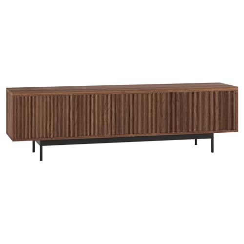 Henn&Hart Fluted TV Stand for TVs up to 75' with 2 Open-Concept Ribbed Storage Cabinets for Living Room, Family Room, or Office, Medium Walnut