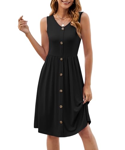 Image of KUOTAI Womens Summer Dresses Sleeveless Casual Loose Swing Button Down Midi Dress V-Neck Flowy A-Line Sundress