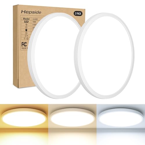 hepside Lot de 2 Plafonnier LED, Luminaire Salle de Bain 18W 3000K/4000K/6500K Sélectionnable, Moderne Très mince éclairage de Plafond Etanche IP44, Facile à...