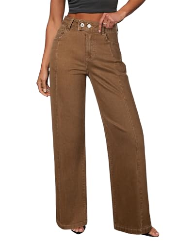 Sidefeel Women's Wide Leg Jeans High Waisted Stretchy Cowgirl Concert Outfit Front Seam Denim Pants Size 16 Brown