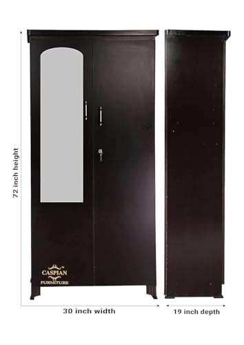 Image of CASPIAN 2-Door Wardrobe (17mm Thick Wood) Coffee Black | Pre-Assembled Almirah with Mirror, Hanging Space, 4 Shelves, 2 Drawers & Secure Locker | Durable Engineered Wood Clothes Storage Cupboard.