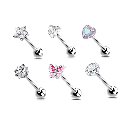 6Pcs Surgical Steel CZ Tongue Rings Sparkling Round Heart Flower Pink Butterfly Tongue Barbell Tongue Piercing Jewelry for Women