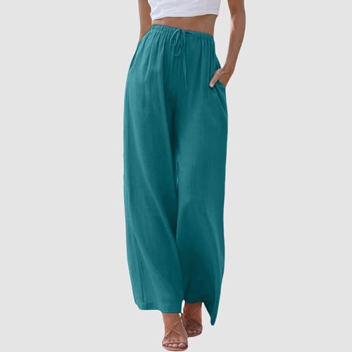 Generic Women's Linen Summer Palazzo Pants Flowy Wide Leg Beach Pants with Pockets Drawstring Elastic High Waist Summer Linen Pant, Small, A#_sky Blue2