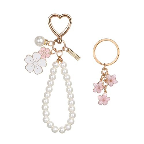 Piriuuo 2 Pcs Cute Pearl Keychains for Women, Flower Keychain Kit Imitation Pearl Chain Key Chain Golden Car Key Chain Flower Keychain Charm for Girls Purse Bag Accessories