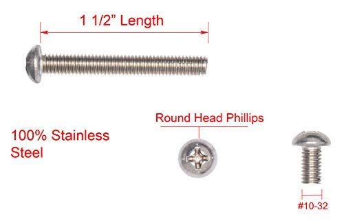 #10-32 X 1-1/2" Stainless Phillips Round Head Machine Screw, (25pc), Fine Thread, 18-8 (304) Stainless Steel, by Bolt Dropper