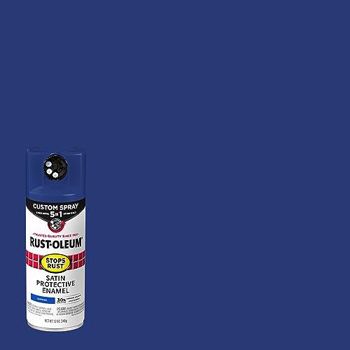Image of Rust-Oleum Stops Rust Custom 5-in-1 Spray Paint, Satin Sapphire | Rust Preventive Enamel, Multi Surface (Metal, Wood and More), Adjustable Dial for Better Control, Fast Dry, Comfort Tip