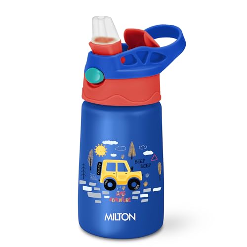 Image of Milton Insulated Spout Sipper Thermosteel Vacuum Insulated Water Bottle with Spout Lid and Straw, 300 ml, Easy Grip, Leak Proof, Hot & Cold, Bottle for Kids, School, Travel, ISI Certified, Dark Blue