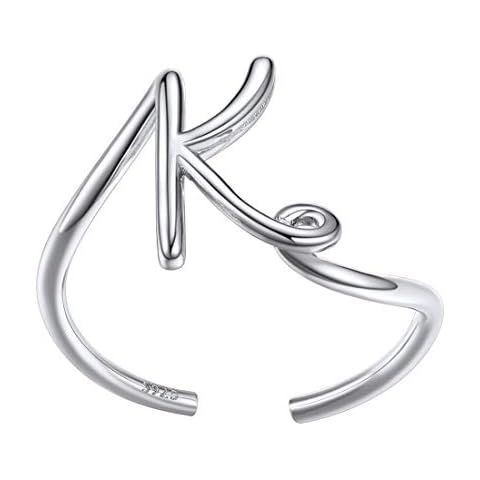 SILVERCUTE Initial K Ring for Women Stacking Finger Jewelry Sterling Silver Cute Twisted Band Letter A-Z End Open Adjustable Ring Cover