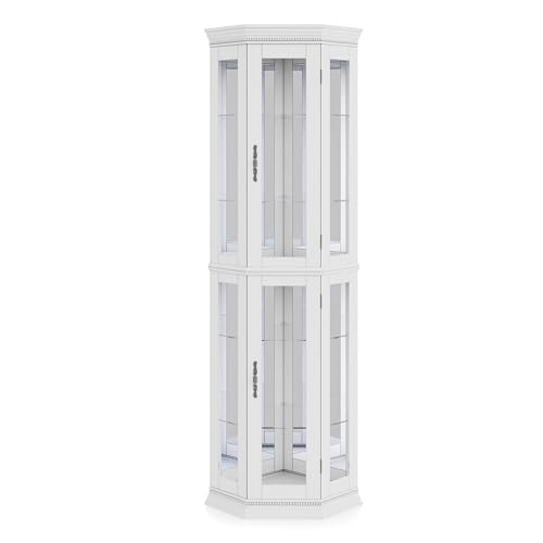Image of BELLEZE Lighted 3-Side Glass Display Curio Cabinet w /Tempered Glass Doors & Shelves, Accent Wooden Corner Cabinet with Bulb, Corner Storage Decoration Rack for Living Room & Bed-Room Corona (White)