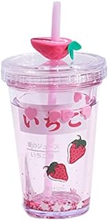 15oz Cute Water Bottle With Straw, Glitter Double Wall Water Bottle With Straw Kawaii Cup Strawberry Water Bottle Kawaii Cups Kawaii Stuff Avocado for Gifts (Pink)