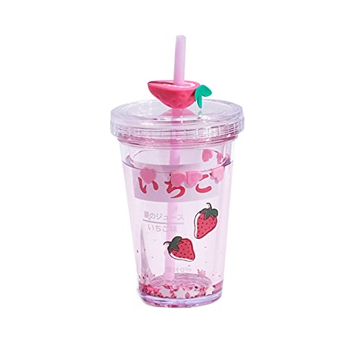 425 ml niedliche Wasserflasche mit Strohhalm, glitzernde doppelwandige Wasserflasche mit Strohhalm, Kawaii Cup Erdbeere Avocado Wasserflasche (Rosa) Cover