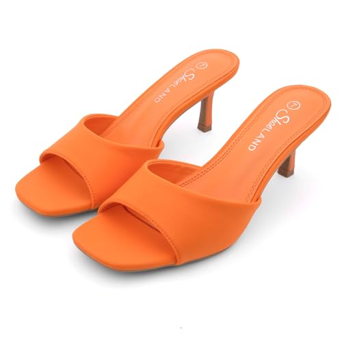 Image of Shoe Land Women's Low Heels Stiletto Heeled Slides, Open Toe One Band Slip-On Heeled Mules - Dressy Heeled Sandals for Prom, Party Wedding and Vacation